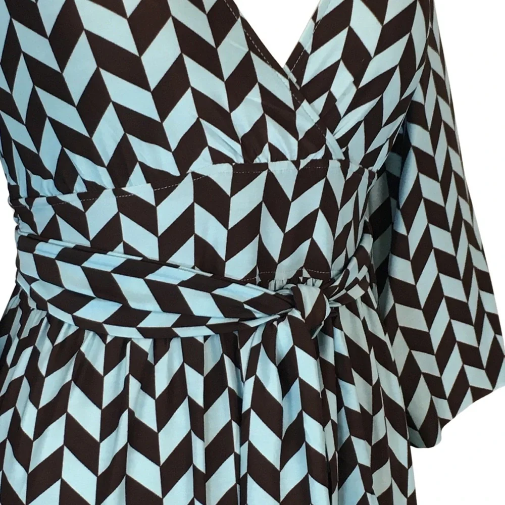 BCBGMaxAzria Blue Brown Chevron Surplice Bell Sleeves Fit n Flare Dress Medium